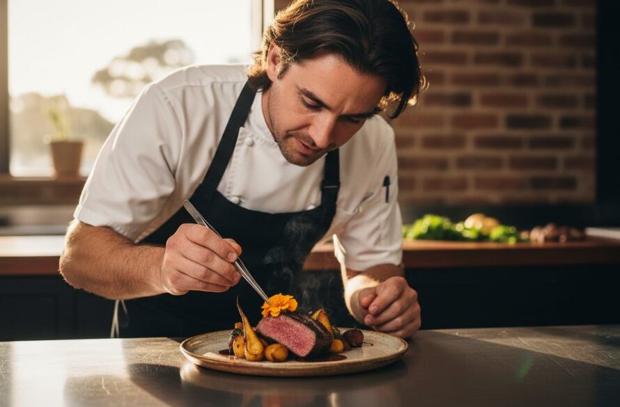 Artisan food photography for Sale Victoria eateries capturing a chef meticulously plating a gourmet dish under dramatic restaurant lighting, highlighting textures and colours with a shallow depth of field, evoking culinary artistry.