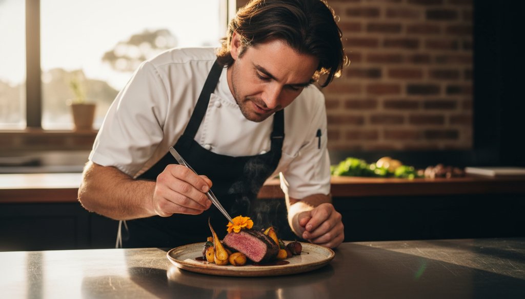 Artisan food photography for Sale Victoria eateries capturing a chef meticulously plating a gourmet dish under dramatic restaurant lighting, highlighting textures and colours with a shallow depth of field, evoking culinary artistry.