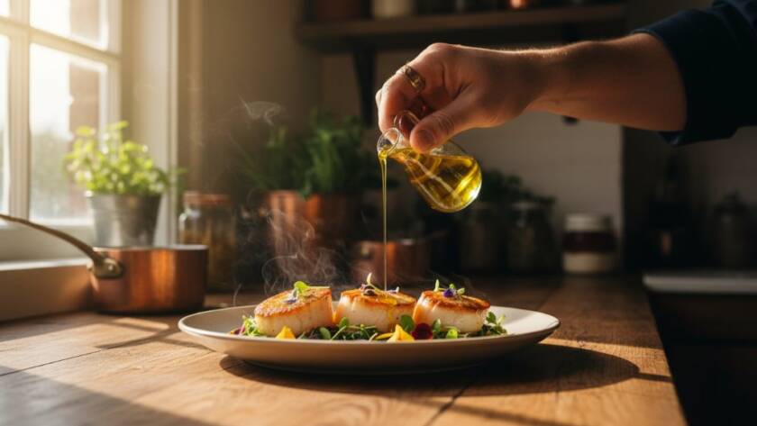 A vibrant, dramatically lit close-up of a meticulously plated gourmet dish, showcasing intricate textures and rich colours, captured with expert artisan food photography Warrandyte South, evoking a sense of culinary delight at a rustic local eatery.