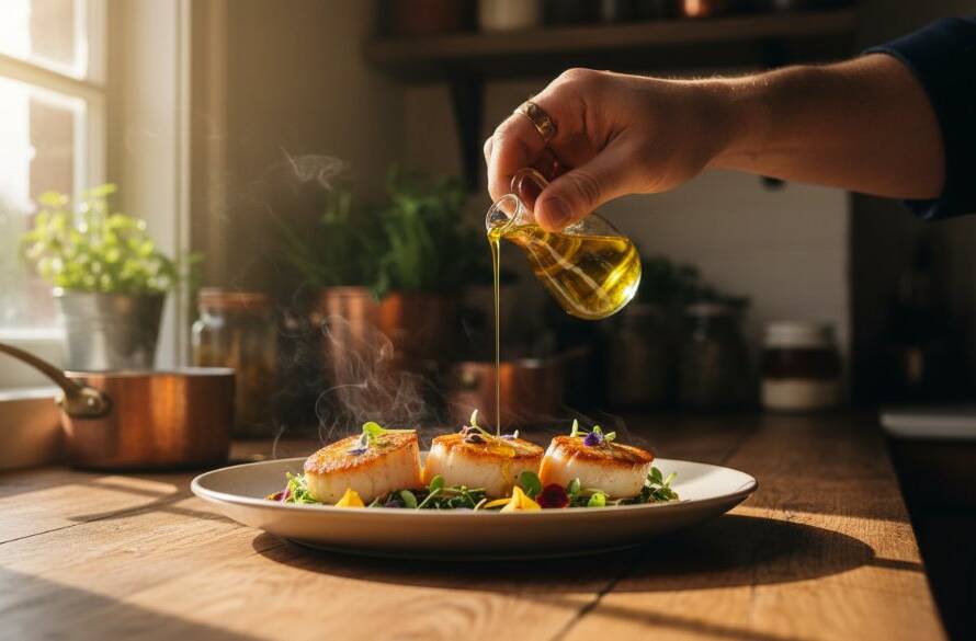 A vibrant, dramatically lit close-up of a meticulously plated gourmet dish, showcasing intricate textures and rich colours, captured with expert artisan food photography Warrandyte South, evoking a sense of culinary delight at a rustic local eatery.