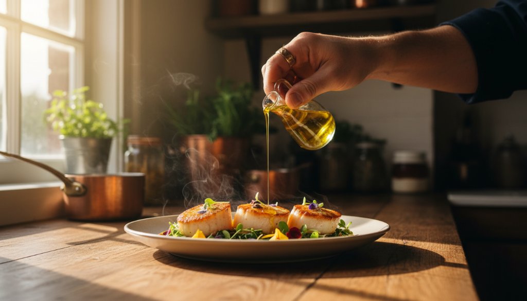 A vibrant, dramatically lit close-up of a meticulously plated gourmet dish, showcasing intricate textures and rich colours, captured with expert artisan food photography Warrandyte South, evoking a sense of culinary delight at a rustic local eatery.