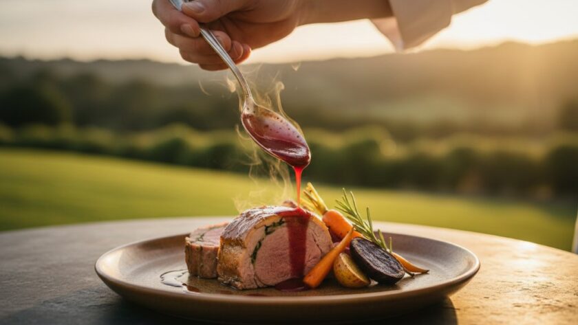 Dramatic close-up of beautifully plated artisan produce food photography Hepburn Springs Victoria, showcasing locally sourced ingredients under warm, golden hour light, capturing a chef's hands delicately drizzling sauce, with a rustic, elegant background evoking the region's charm.