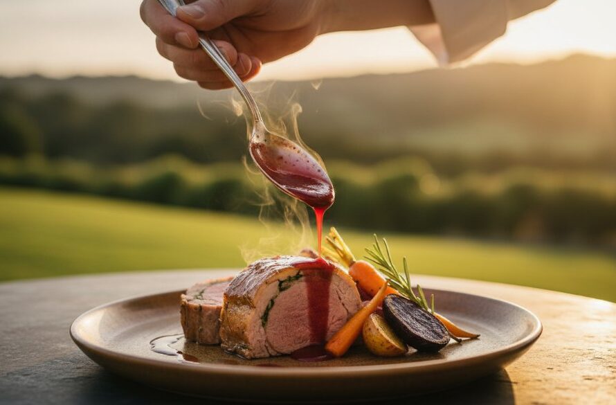 Dramatic close-up of beautifully plated artisan produce food photography Hepburn Springs Victoria, showcasing locally sourced ingredients under warm, golden hour light, capturing a chef's hands delicately drizzling sauce, with a rustic, elegant background evoking the region's charm.