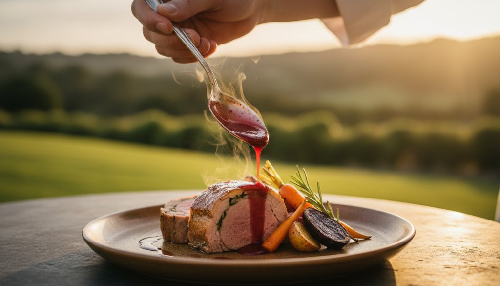 Dramatic close-up of beautifully plated artisan produce food photography Hepburn Springs Victoria, showcasing locally sourced ingredients under warm, golden hour light, capturing a chef's hands delicately drizzling sauce, with a rustic, elegant background evoking the region's charm.