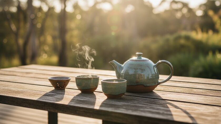 Dramatic, high-angle shot showcasing intricately crafted artisanal ceramic mugs displayed on a rustic wooden table, bathed in golden hour sunlight filtering through gum trees in a Mount Clear Victoria garden, emphasizing exquisite detail for artisan product photography.