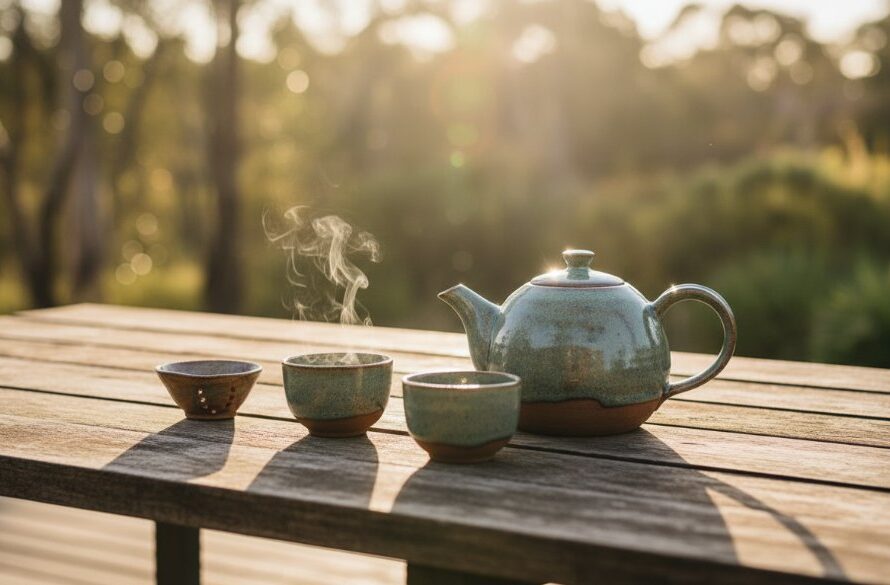 Dramatic, high-angle shot showcasing intricately crafted artisanal ceramic mugs displayed on a rustic wooden table, bathed in golden hour sunlight filtering through gum trees in a Mount Clear Victoria garden, emphasizing exquisite detail for artisan product photography.