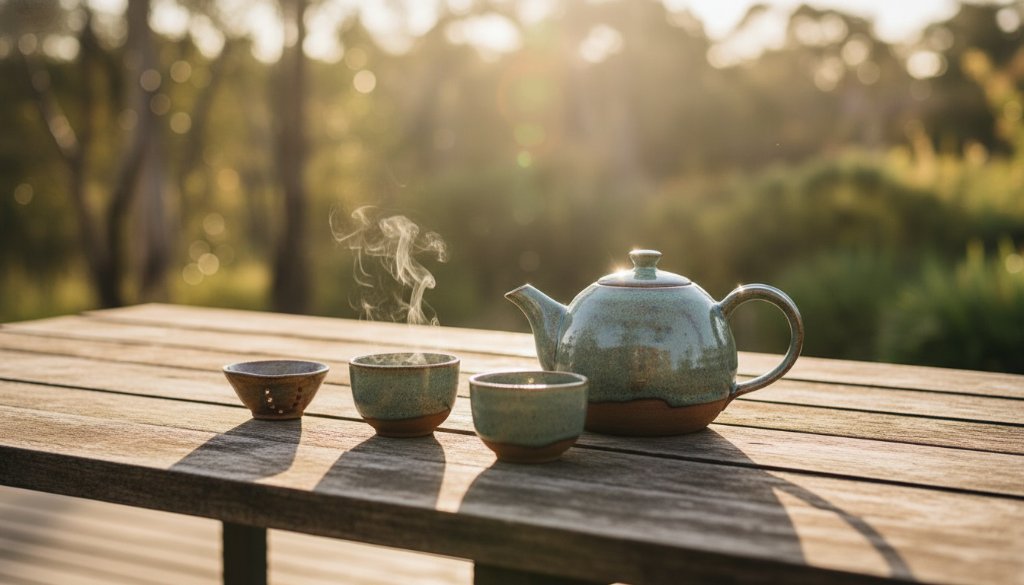 Dramatic, high-angle shot showcasing intricately crafted artisanal ceramic mugs displayed on a rustic wooden table, bathed in golden hour sunlight filtering through gum trees in a Mount Clear Victoria garden, emphasizing exquisite detail for artisan product photography.