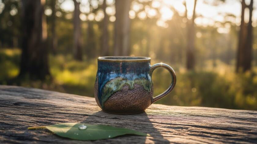 Dramatic close-up of a handcrafted ceramic bowl, beautifully lit to highlight its texture and glazes, set against a blurred, rustic backdrop reminiscent of the Dandenong Ranges in an epic moment of Artisan Product Photography Upper Ferntree Gully.