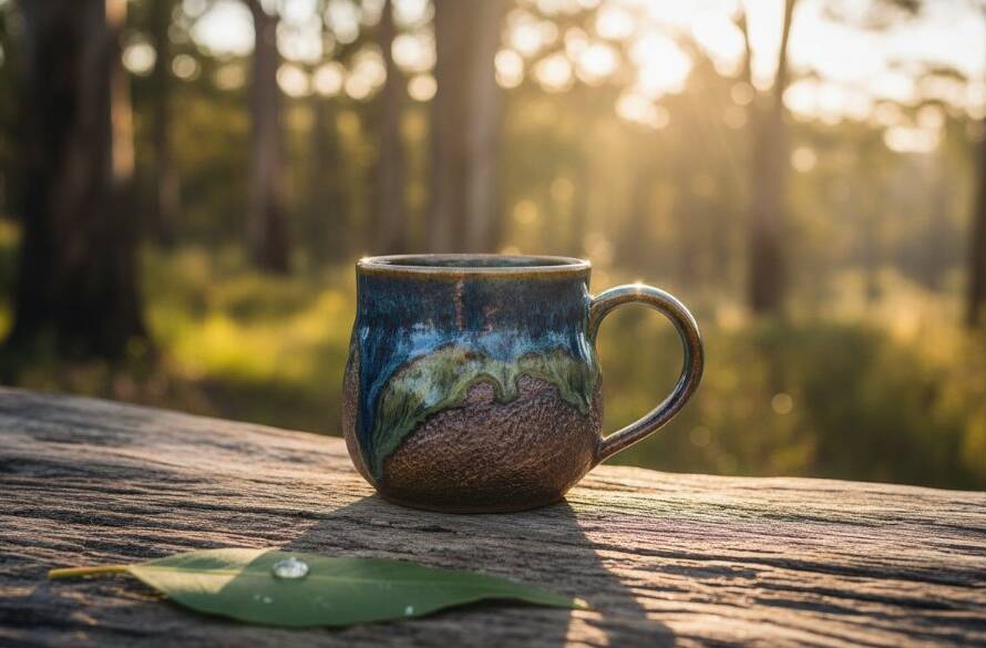 Dramatic close-up of a handcrafted ceramic bowl, beautifully lit to highlight its texture and glazes, set against a blurred, rustic backdrop reminiscent of the Dandenong Ranges in an epic moment of Artisan Product Photography Upper Ferntree Gully.