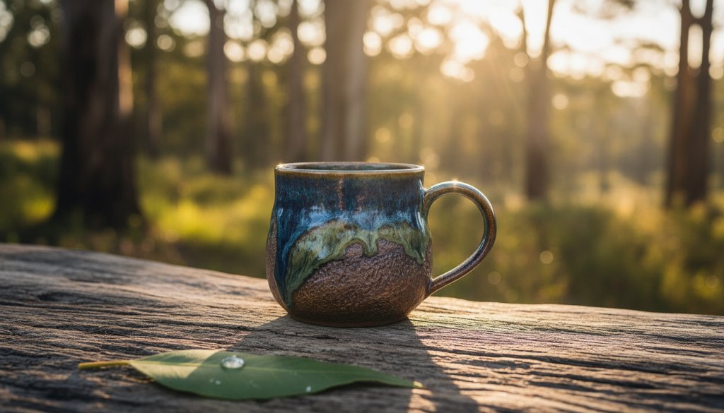 Dramatic close-up of a handcrafted ceramic bowl, beautifully lit to highlight its texture and glazes, set against a blurred, rustic backdrop reminiscent of the Dandenong Ranges in an epic moment of Artisan Product Photography Upper Ferntree Gully.
