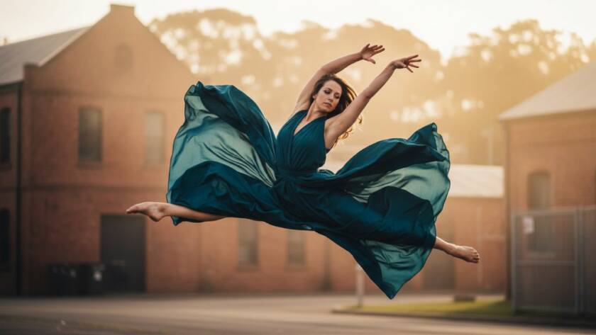 A dancer in mid-air, bathed in dramatic golden hour light, performing an elegant leap against the Kingsville urban landscape, showcasing the power of Artistic Dance Photography Kingsville Victoria.