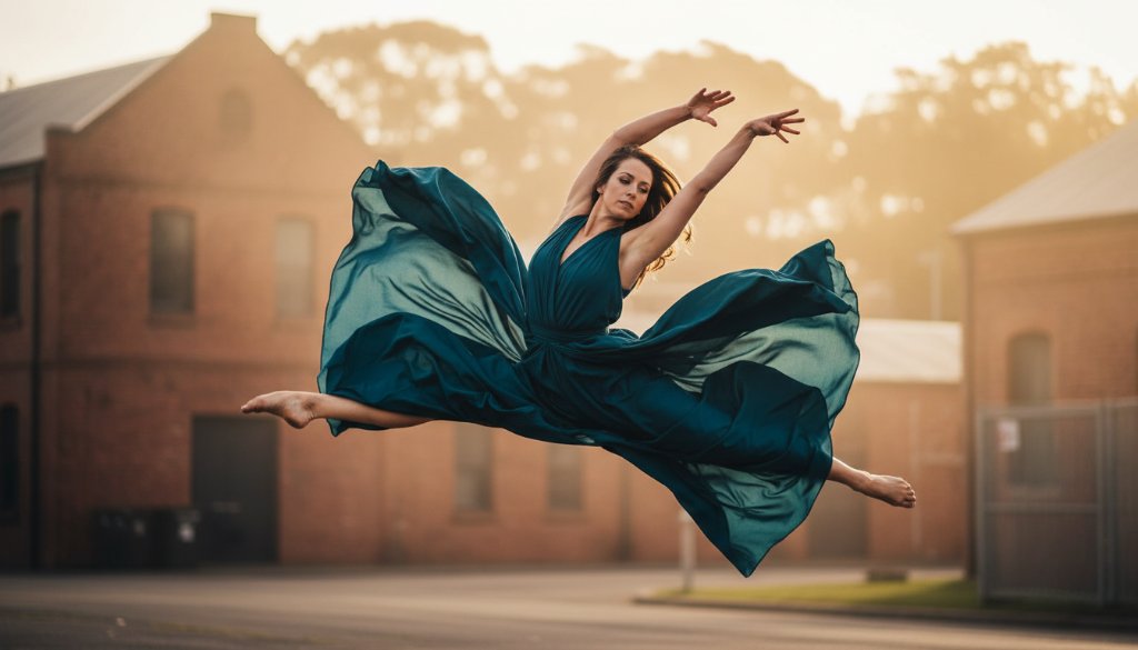 A dancer in mid-air, bathed in dramatic golden hour light, performing an elegant leap against the Kingsville urban landscape, showcasing the power of Artistic Dance Photography Kingsville Victoria.