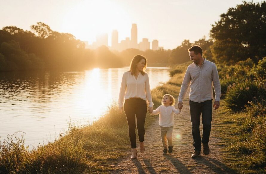 An artistic fine art photography South Geelong legacy portraits captures a moment of deep connection, with dramatic backlighting silhouetting a family embracing near the historic South Geelong train station at sunset, professional colour grading highlighting warm tones.