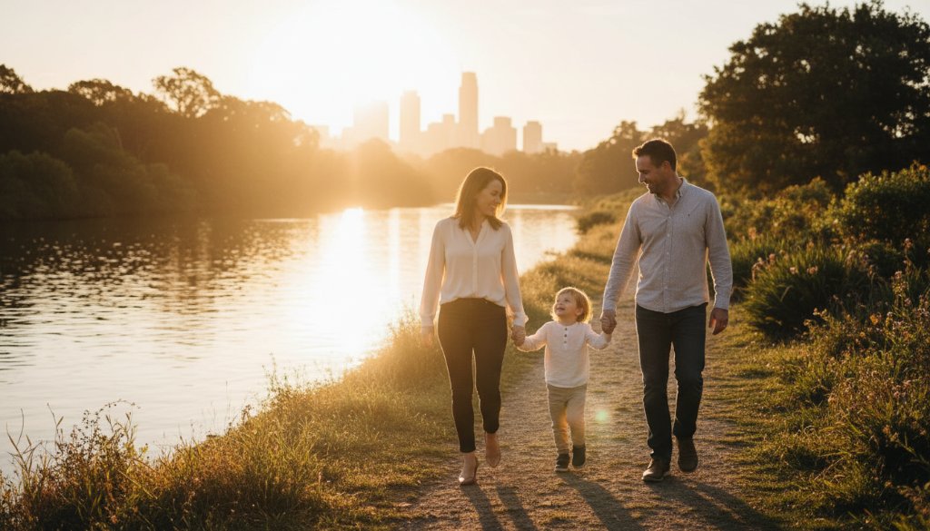 An artistic fine art photography South Geelong legacy portraits captures a moment of deep connection, with dramatic backlighting silhouetting a family embracing near the historic South Geelong train station at sunset, professional colour grading highlighting warm tones.