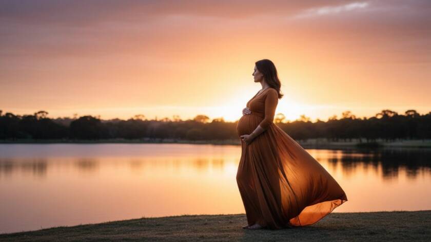 An expectant mother in a flowing gown, silhouetted against a dramatic sunset at Jells Park, Wheelers Hill, during an artistic maternity photoshoot Wheelers Hill Victoria, capturing an epic, serene moment of motherhood.