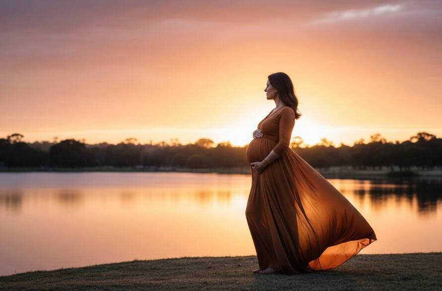 An expectant mother in a flowing gown, silhouetted against a dramatic sunset at Jells Park, Wheelers Hill, during an artistic maternity photoshoot Wheelers Hill Victoria, capturing an epic, serene moment of motherhood.