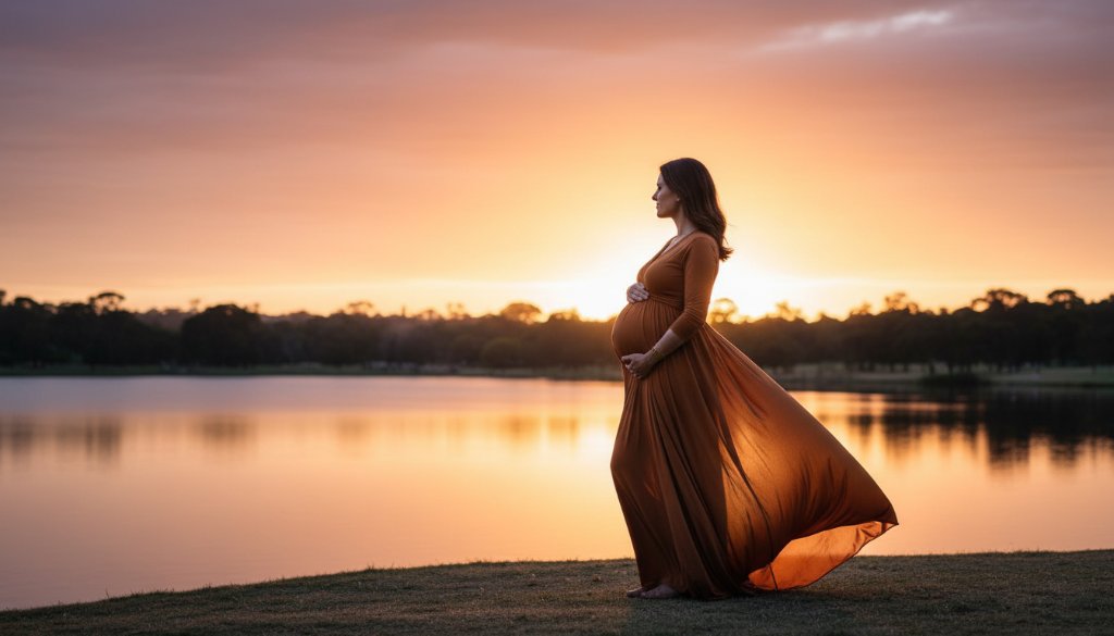 An expectant mother in a flowing gown, silhouetted against a dramatic sunset at Jells Park, Wheelers Hill, during an artistic maternity photoshoot Wheelers Hill Victoria, capturing an epic, serene moment of motherhood.