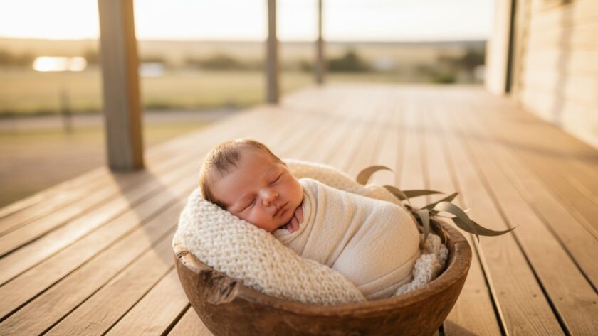 A peaceful newborn baby, wrapped in soft, natural fibres, sleeping serenely in a rustic wooden prop, bathed in soft, ethereal natural light streaming through a window, with a hint of Kialla's natural landscape blurred in the background, embodying the essence of artistic newborn photography Kialla families cherish.