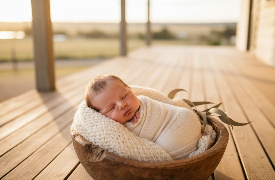A peaceful newborn baby, wrapped in soft, natural fibres, sleeping serenely in a rustic wooden prop, bathed in soft, ethereal natural light streaming through a window, with a hint of Kialla's natural landscape blurred in the background, embodying the essence of artistic newborn photography Kialla families cherish.