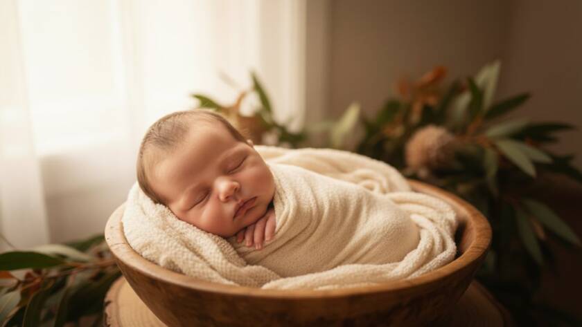 An artistic newborn portrait featuring a sleeping baby swaddled in soft fabrics, bathed in warm, ethereal light from a window in a serene Upper Ferntree Gully home, capturing an intimate and tender moment for families.