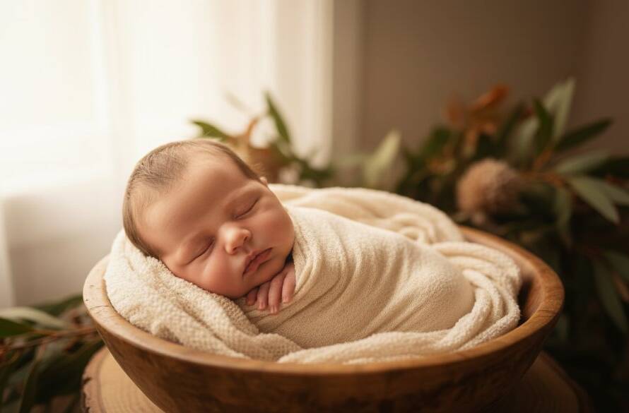 An artistic newborn portrait featuring a sleeping baby swaddled in soft fabrics, bathed in warm, ethereal light from a window in a serene Upper Ferntree Gully home, capturing an intimate and tender moment for families.