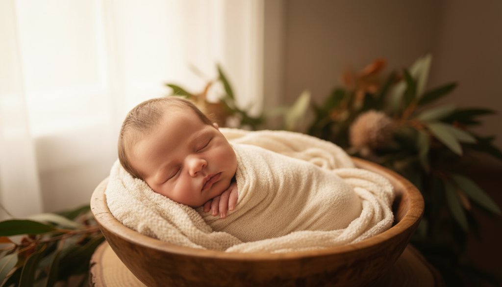 An artistic newborn portrait featuring a sleeping baby swaddled in soft fabrics, bathed in warm, ethereal light from a window in a serene Upper Ferntree Gully home, capturing an intimate and tender moment for families.