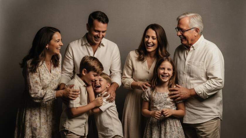 An artistic studio family photography Aspendale portrait, capturing an epic moment of a multi-generational family laughing joyously in a beautifully lit, modern studio setting, showcasing genuine connection and warmth with professional color grading.