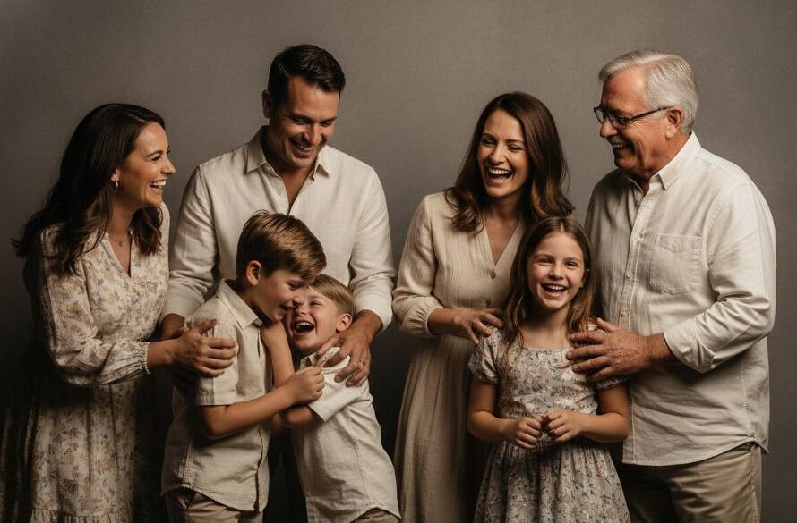 An artistic studio family photography Aspendale portrait, capturing an epic moment of a multi-generational family laughing joyously in a beautifully lit, modern studio setting, showcasing genuine connection and warmth with professional color grading.