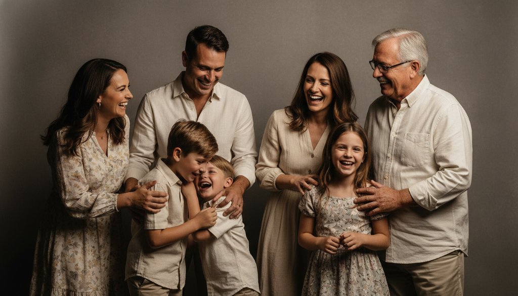 An artistic studio family photography Aspendale portrait, capturing an epic moment of a multi-generational family laughing joyously in a beautifully lit, modern studio setting, showcasing genuine connection and warmth with professional color grading.