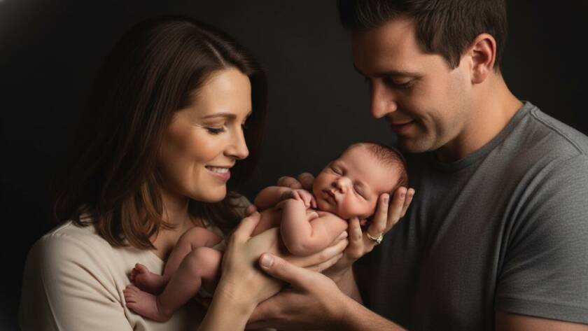 Dramatic black and white artistic studio photography Sydenham family heirlooms portrait of a mother tenderly holding her newborn, bathed in a soft spotlight, capturing an emotionally profound and timeless moment.