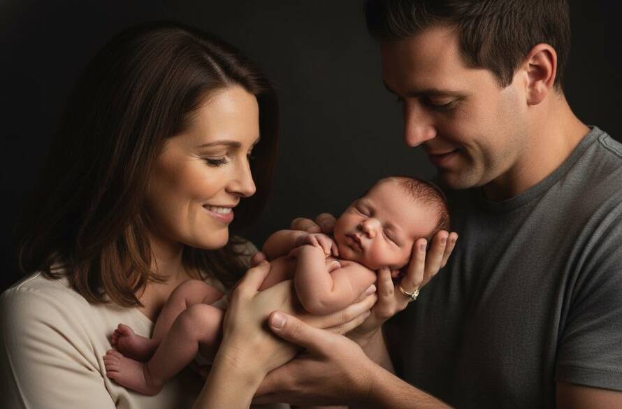 Dramatic black and white artistic studio photography Sydenham family heirlooms portrait of a mother tenderly holding her newborn, bathed in a soft spotlight, capturing an emotionally profound and timeless moment.