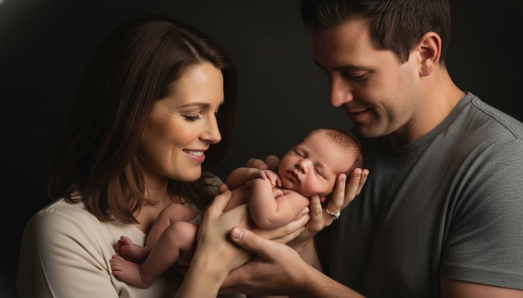 Dramatic black and white artistic studio photography Sydenham family heirlooms portrait of a mother tenderly holding her newborn, bathed in a soft spotlight, capturing an emotionally profound and timeless moment.