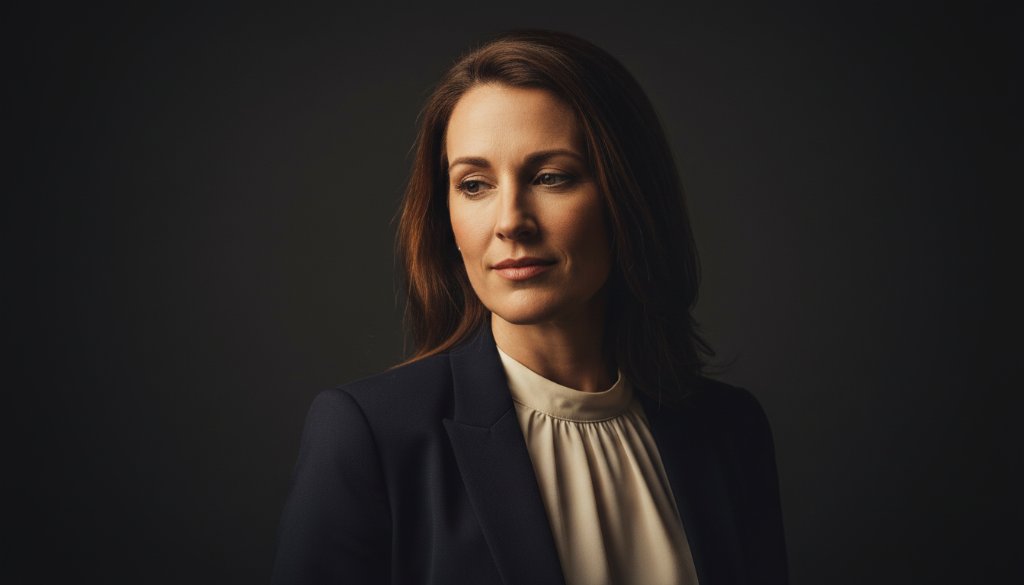 An 'epic moment' capture of a subject in artistic studio portraits Castlemaine Victoria, dramatically lit against a dark backdrop, exuding confidence and elegance, professionally colour-graded.