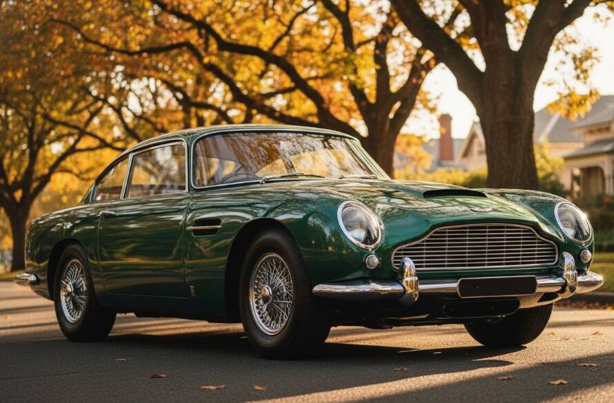 An artistic vintage car photography Canterbury Victoria shot of a gleaming classic sports car parked dramatically under mature oak trees at sunset, with golden light reflecting off its polished chrome and deep red paintwork.