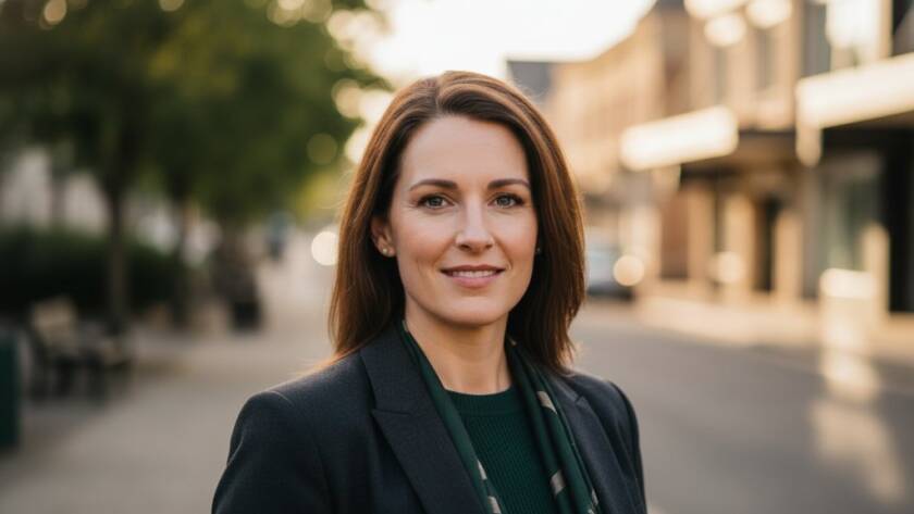 A powerful, cinematic portrait of a confident professional in Ashburton, showcasing authentic professional headshots for personal branding Victoria, with dramatic natural light highlighting their determined expression against a slightly blurred, elegant Ashburton streetscape.