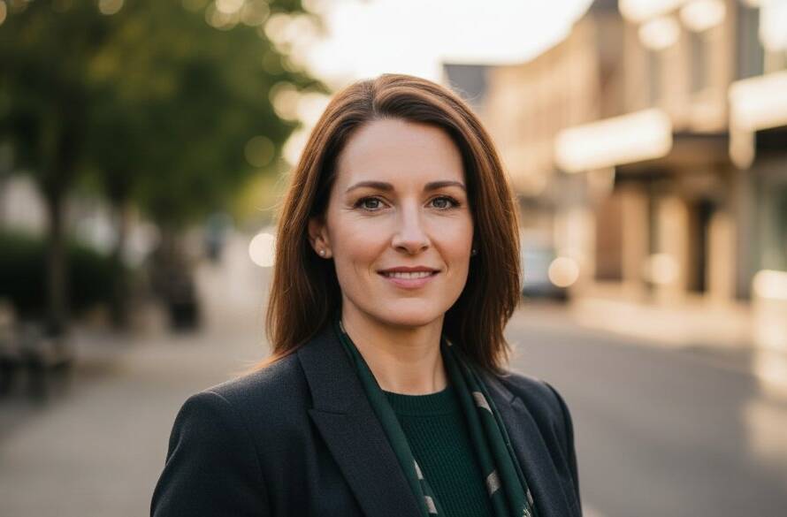 A powerful, cinematic portrait of a confident professional in Ashburton, showcasing authentic professional headshots for personal branding Victoria, with dramatic natural light highlighting their determined expression against a slightly blurred, elegant Ashburton streetscape.