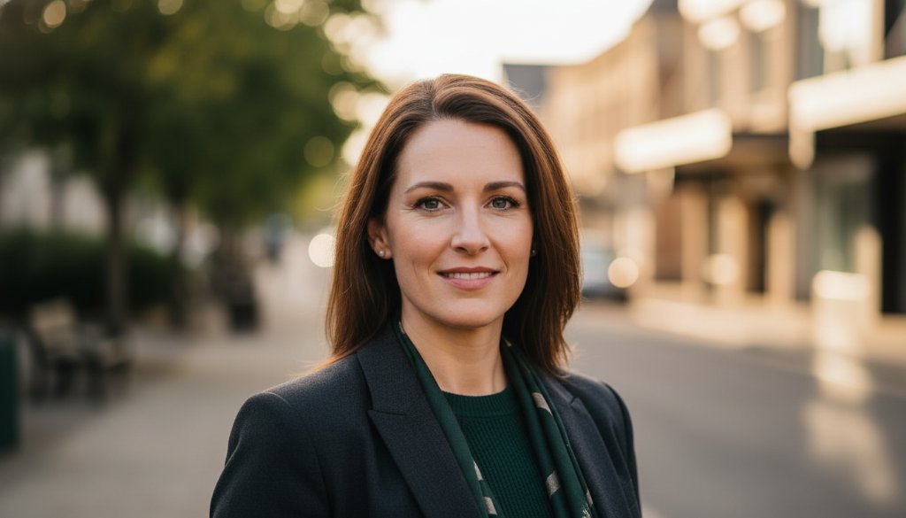 A powerful, cinematic portrait of a confident professional in Ashburton, showcasing authentic professional headshots for personal branding Victoria, with dramatic natural light highlighting their determined expression against a slightly blurred, elegant Ashburton streetscape.
