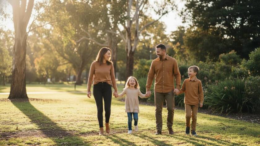 A heartwarming, sun-drenched Ashburton candid family photography natural moments of a family laughing joyfully together in a leafy Ashburton park, showcasing a genuine, unposed moment with dramatic lighting and professional colour grading.
