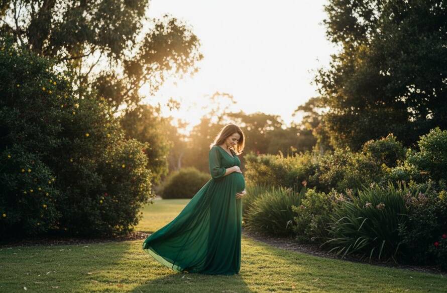A stunning Ashburton Maternity Photography Outdoor Portraits Victoria shot featuring a pregnant woman bathed in golden hour light, standing gracefully amidst the lush, tree-lined path near Ashburton Park, captured with professional, cinematic quality, embodying an epic moment of serene anticipation.