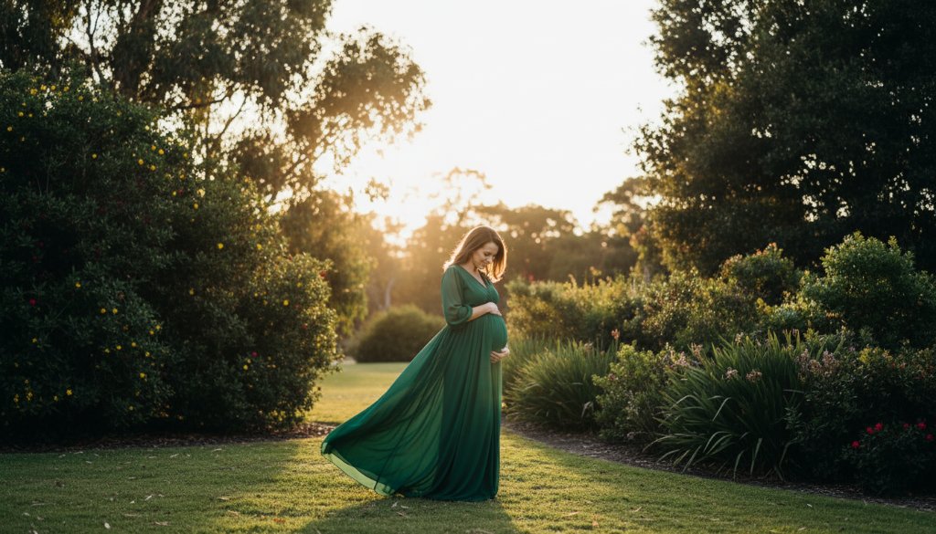 A stunning Ashburton Maternity Photography Outdoor Portraits Victoria shot featuring a pregnant woman bathed in golden hour light, standing gracefully amidst the lush, tree-lined path near Ashburton Park, captured with professional, cinematic quality, embodying an epic moment of serene anticipation.
