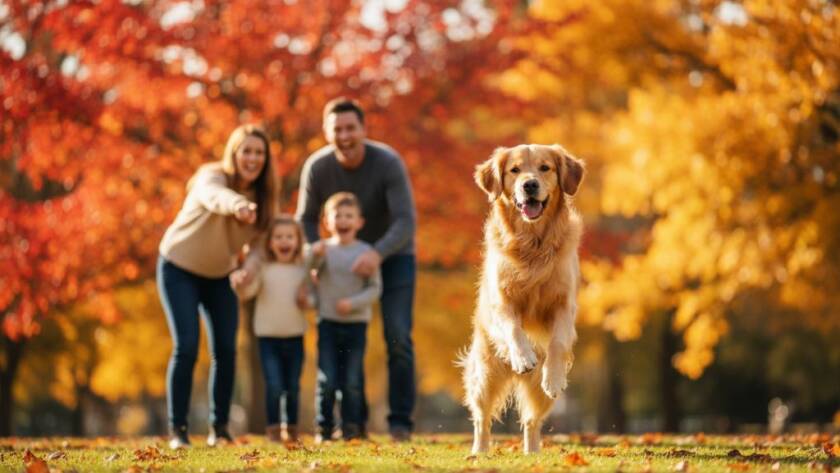 A vibrant, professionally color-graded photograph capturing an 'epic moment' of a golden retriever joyfully leaping through autumn leaves in an Ashburton park, with its laughing family in the background, embodying Ashburton pet photography heartwarming family portraits.