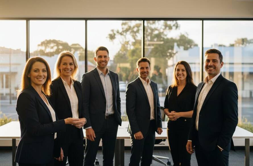 Dynamic wide-angle shot of a diverse group of professionals in Ashburton, Victoria, looking confidently towards the camera, showcasing Ashburton professional corporate portraits Victoria, with the vibrant Ashburton Village background slightly blurred and dramatic, warm sunlight illuminating their faces, capturing an epic moment of teamwork and success.