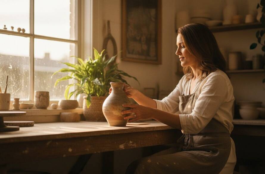 An 'epic moment' photograph showcasing a passionate small business owner in Ashburton, Victoria, proudly presenting their artisan product in a sunlit boutique, embodying Ashburton Victoria bespoke brand photography excellence.