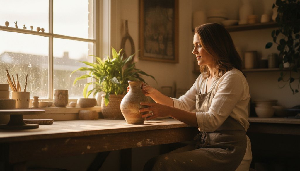 An 'epic moment' photograph showcasing a passionate small business owner in Ashburton, Victoria, proudly presenting their artisan product in a sunlit boutique, embodying Ashburton Victoria bespoke brand photography excellence.
