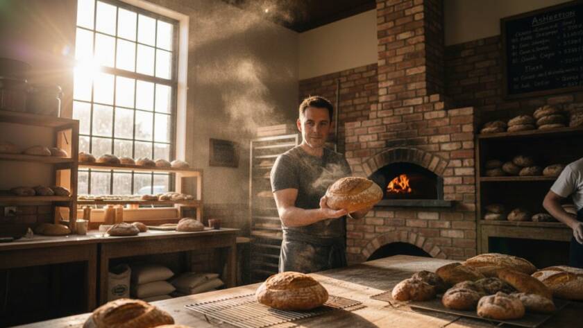 Dynamic, wide-angle shot capturing Ashburton Victoria commercial branding photography in action, featuring a local artisanal coffee roaster passionately interacting with a customer in their sunlit Ashburton cafe, with dramatic backlighting highlighting the coffee beans and equipment.