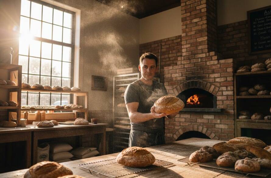 Dynamic, wide-angle shot capturing Ashburton Victoria commercial branding photography in action, featuring a local artisanal coffee roaster passionately interacting with a customer in their sunlit Ashburton cafe, with dramatic backlighting highlighting the coffee beans and equipment.