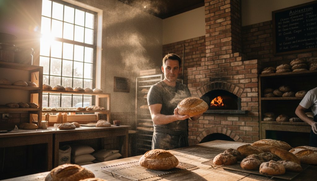 Dynamic, wide-angle shot capturing Ashburton Victoria commercial branding photography in action, featuring a local artisanal coffee roaster passionately interacting with a customer in their sunlit Ashburton cafe, with dramatic backlighting highlighting the coffee beans and equipment.