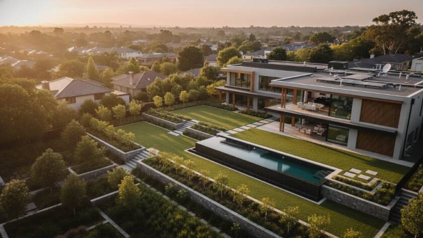 A breathtaking aerial view of a grand Ashburton property at sunset, captured with professional Ashburton Victoria drone photography for stunning property views, showcasing lush gardens, a sparkling pool, and the vibrant colours of the twilight sky.