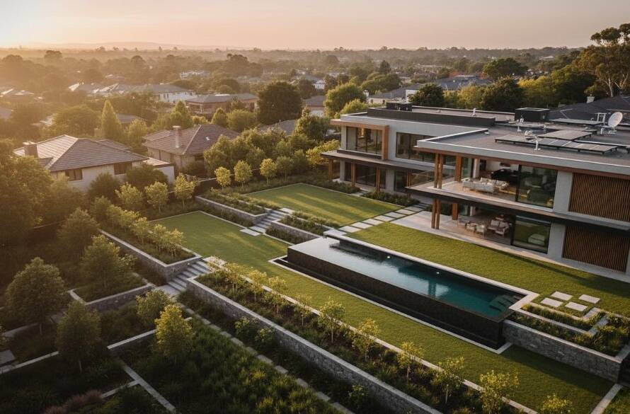 A breathtaking aerial view of a grand Ashburton property at sunset, captured with professional Ashburton Victoria drone photography for stunning property views, showcasing lush gardens, a sparkling pool, and the vibrant colours of the twilight sky.