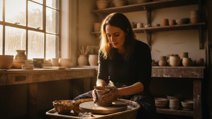A dynamic, wide-angle shot capturing an authentic, 'epic moment' of a local Ashburton artisan passionately working in their studio, bathed in dramatic natural light, embodying Ashburton Victoria editorial storytelling photography.